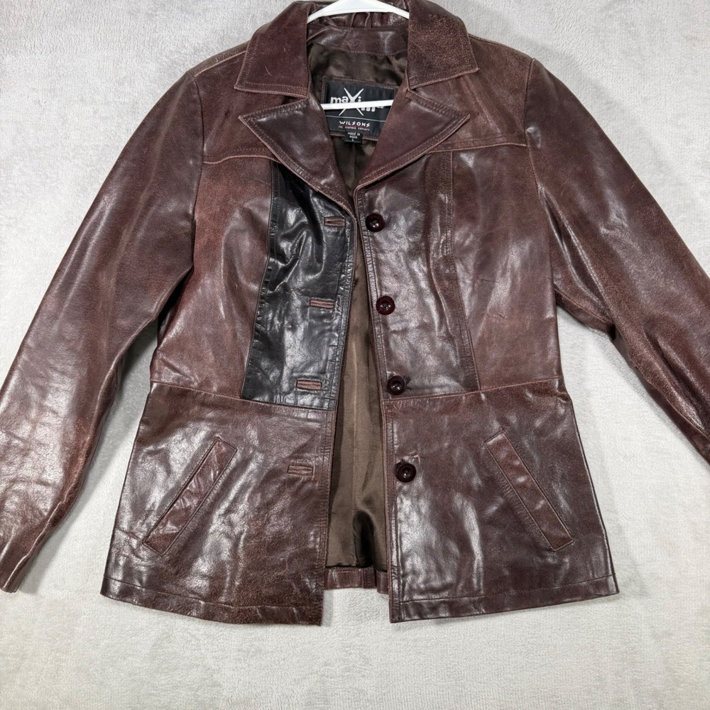 Maxima Wilsons Leather Jacket Womens Large Brown Distressed Button Front Blazer